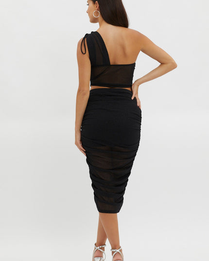 Black Ruched Glitter Mesh Midi Skirt