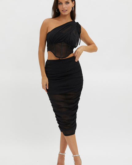 Black Ruched Glitter Mesh Midi Skirt