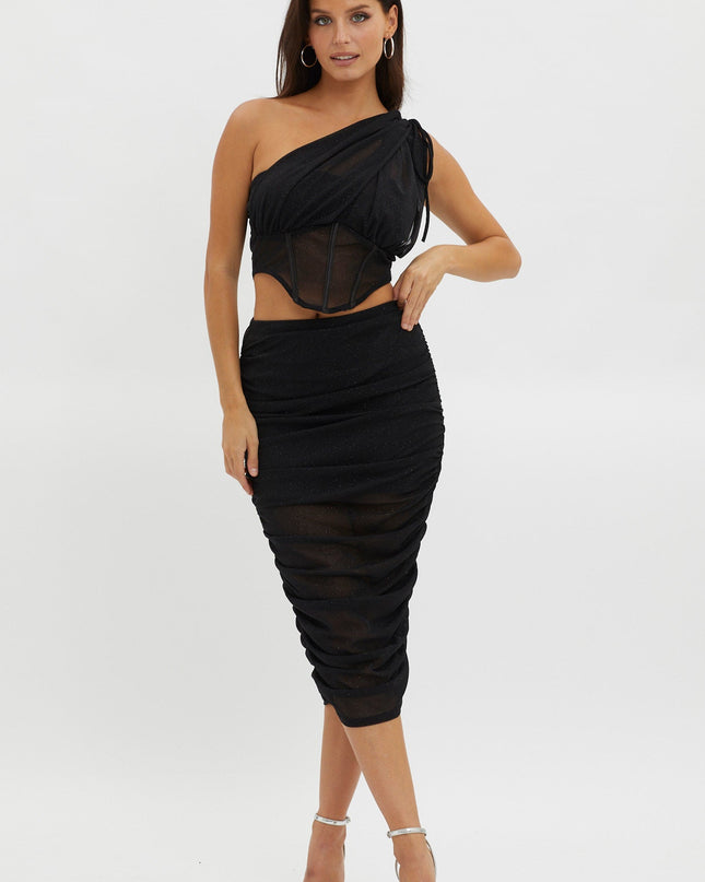 Black Ruched Glitter Mesh Midi Skirt
