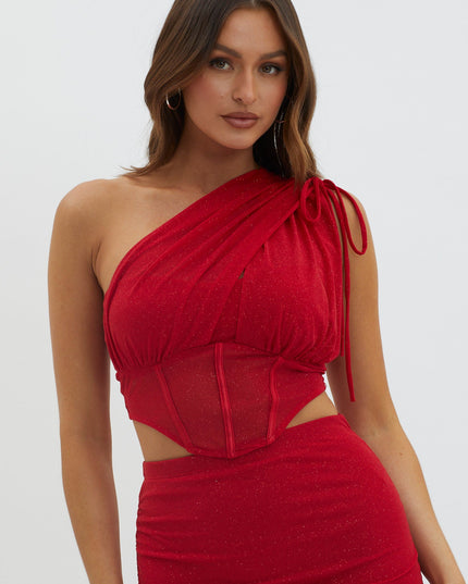 Red One-Shoulder Glitter Mesh Top