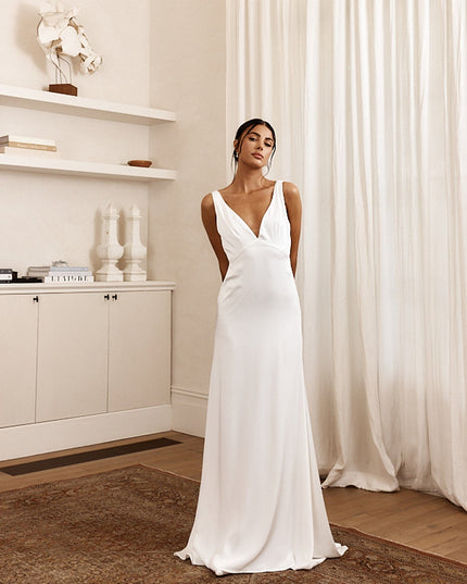 White Sun V-Neckline Satin Maxi Dress