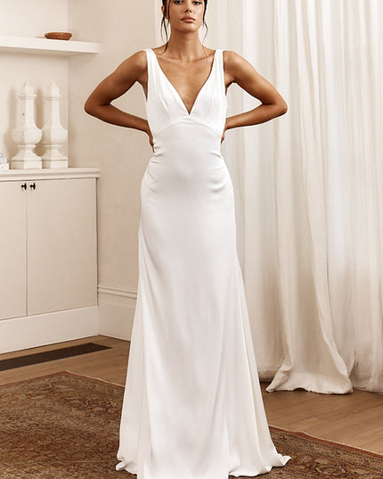 White Sun V-Neckline Satin Maxi Dress