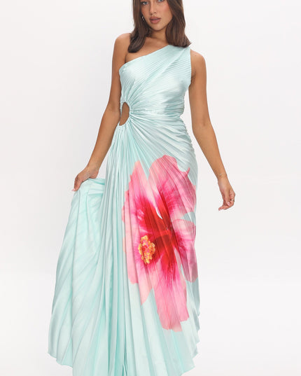 Mint One-Shoulder Accordion Pleat Maxi Dress Hibiscus