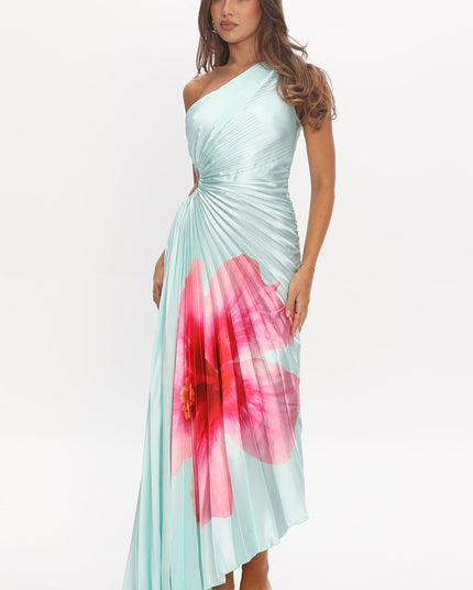 Mint One-Shoulder Accordion Pleat Maxi Dress Hibiscus