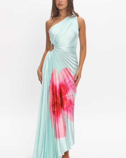 Mint One-Shoulder Accordion Pleat Maxi Dress Hibiscus