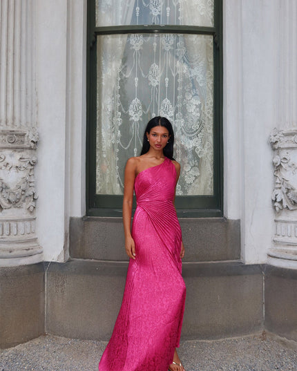 Fuchsia One-Shoulder Accordion Pleat Maxi Dress Floral