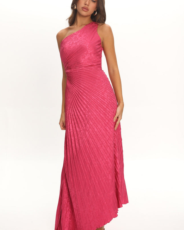 Fuchsia One-Shoulder Accordion Pleat Maxi Dress Floral