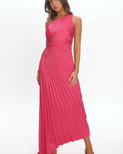 Fuchsia One-Shoulder Accordion Pleat Maxi Dress Floral