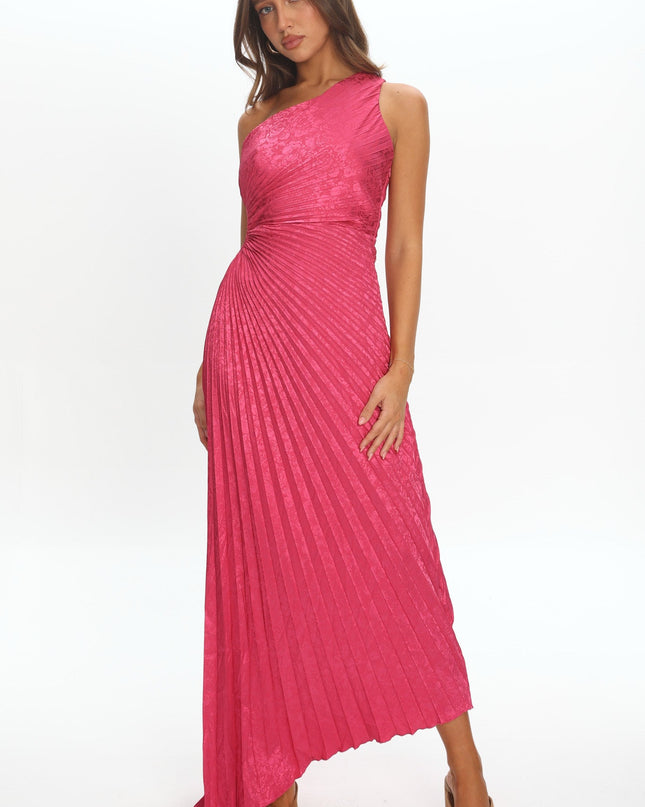 Fuchsia One-Shoulder Accordion Pleat Maxi Dress Floral