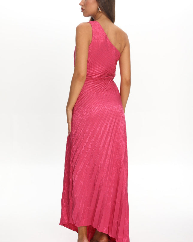 Fuchsia One-Shoulder Accordion Pleat Maxi Dress Floral
