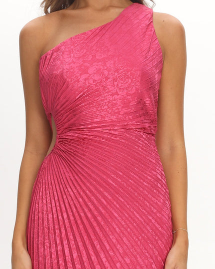 Fuchsia One-Shoulder Accordion Pleat Maxi Dress Floral