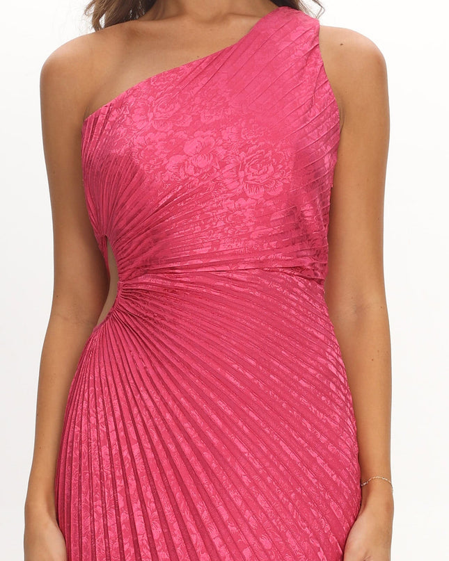 Fuchsia One-Shoulder Accordion Pleat Maxi Dress Floral