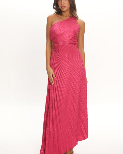 Fuchsia One-Shoulder Accordion Pleat Maxi Dress Floral