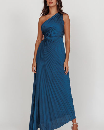 Teal One-Shoulder Accordion Pleat Maxi Dress