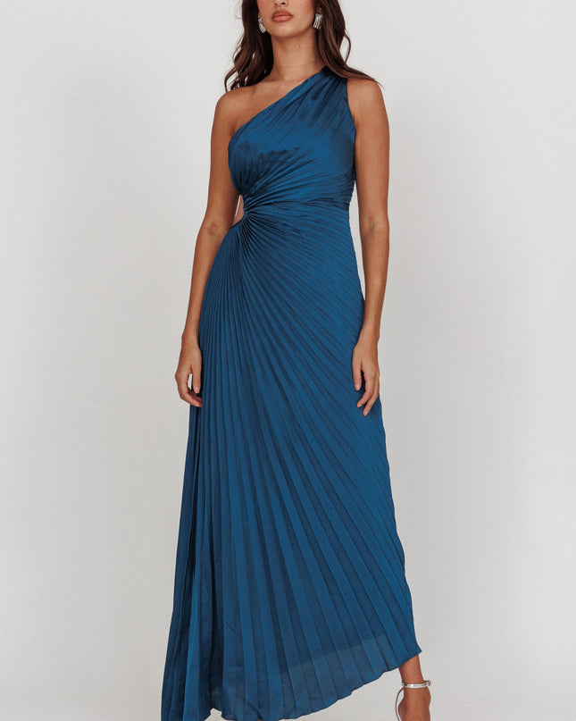 Teal One-Shoulder Accordion Pleat Maxi Dress