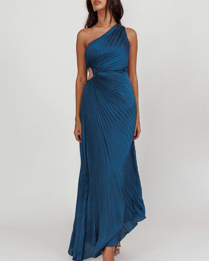 Teal One-Shoulder Accordion Pleat Maxi Dress