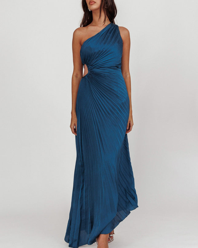 Teal One-Shoulder Accordion Pleat Maxi Dress