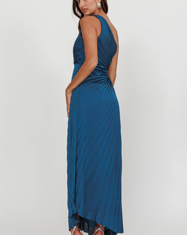Teal One-Shoulder Accordion Pleat Maxi Dress