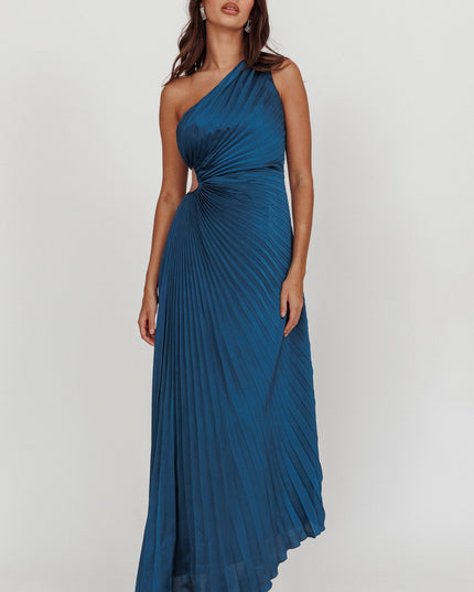 Teal One-Shoulder Accordion Pleat Maxi Dress