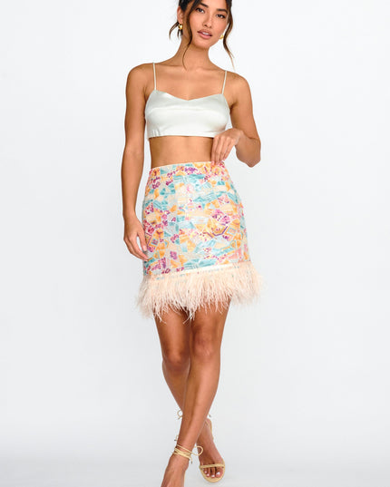 Multi Sequin Feather Hem Skirt Cream