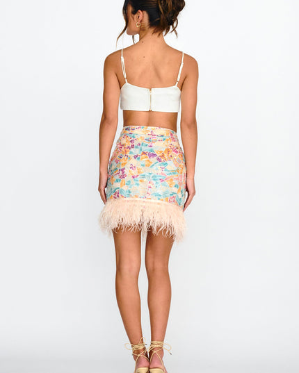 Multi Sequin Feather Hem Skirt Cream