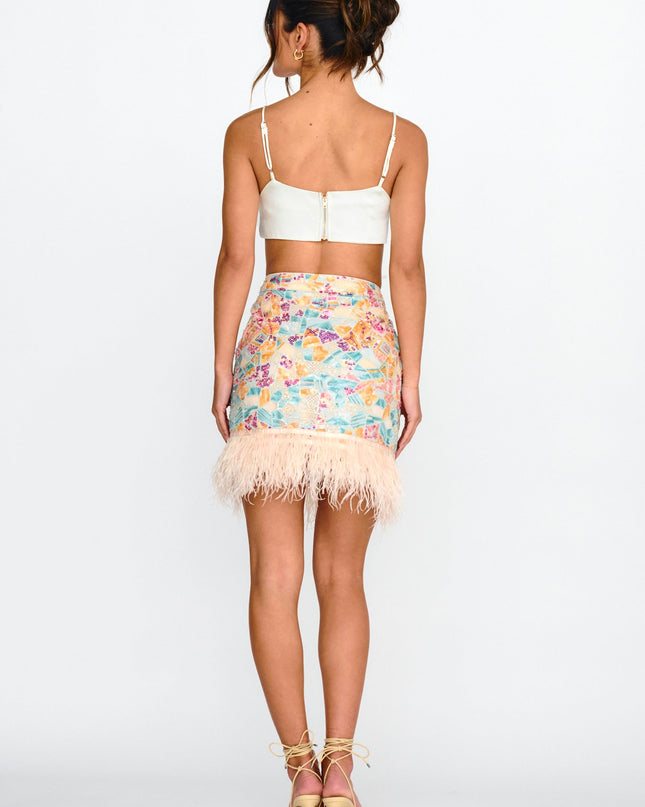 Multi Sequin Feather Hem Skirt Cream