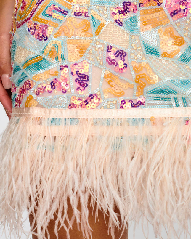 Multi Sequin Feather Hem Skirt Cream