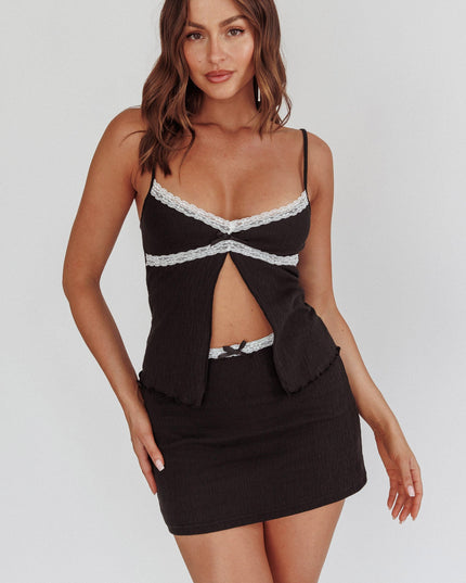 Black/White Lace Trim Ribbed Mini Skirt
