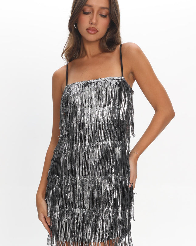 Black Nights Sequin Fringe Mini Dress