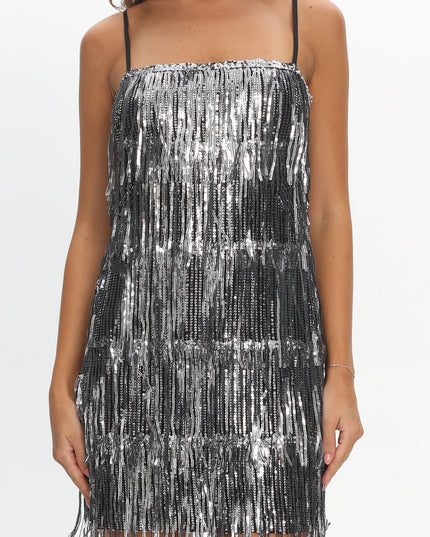 Black Nights Sequin Fringe Mini Dress