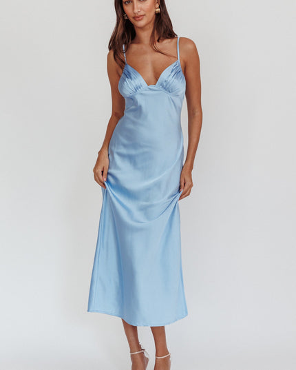Blue Pleat Bust Split Midi Dress