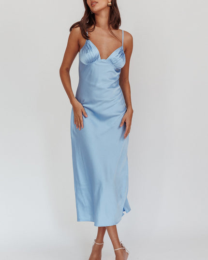 Blue Pleat Bust Split Midi Dress