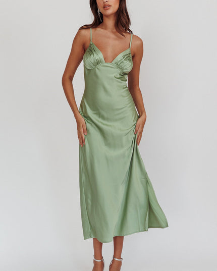 Sage Pleat Bust Split Midi Dress