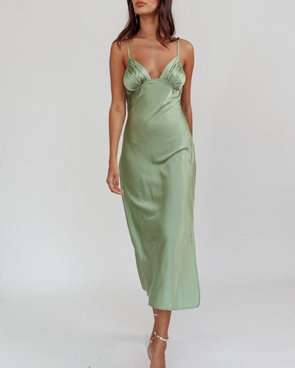 Sage Pleat Bust Split Midi Dress