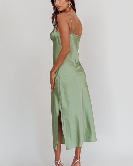 Sage Pleat Bust Split Midi Dress