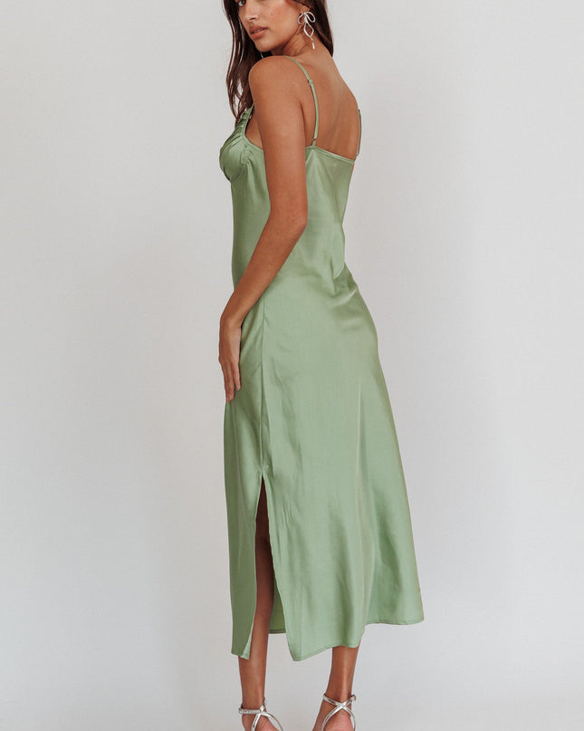 Sage Pleat Bust Split Midi Dress