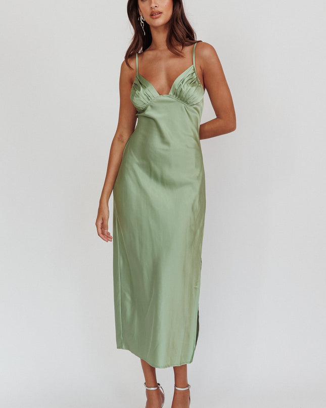 Sage Pleat Bust Split Midi Dress