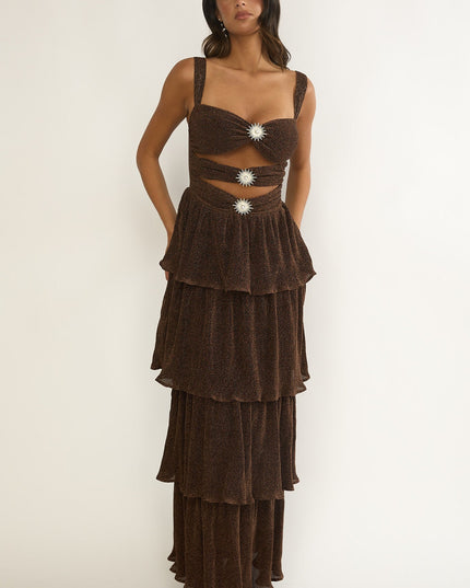 Bronze Cut-Out Bodice Layered Maxi Dress