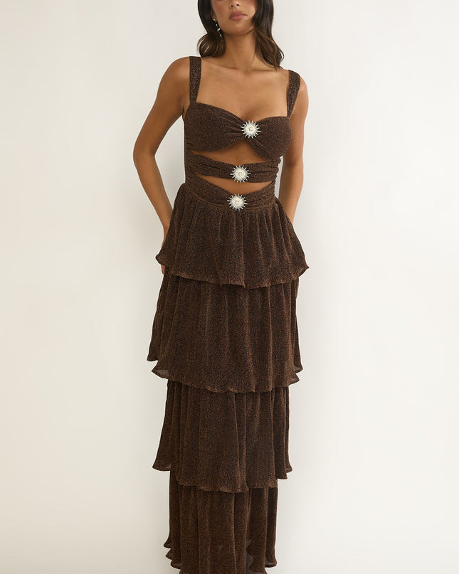 Bronze Cut-Out Bodice Layered Maxi Dress