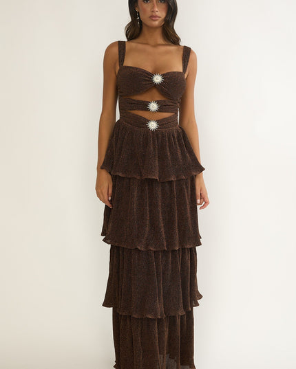 Bronze Cut-Out Bodice Layered Maxi Dress