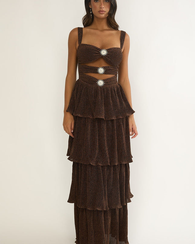 Bronze Cut-Out Bodice Layered Maxi Dress