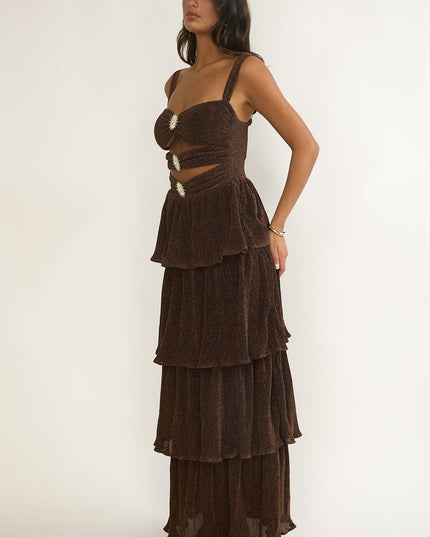 Bronze Cut-Out Bodice Layered Maxi Dress