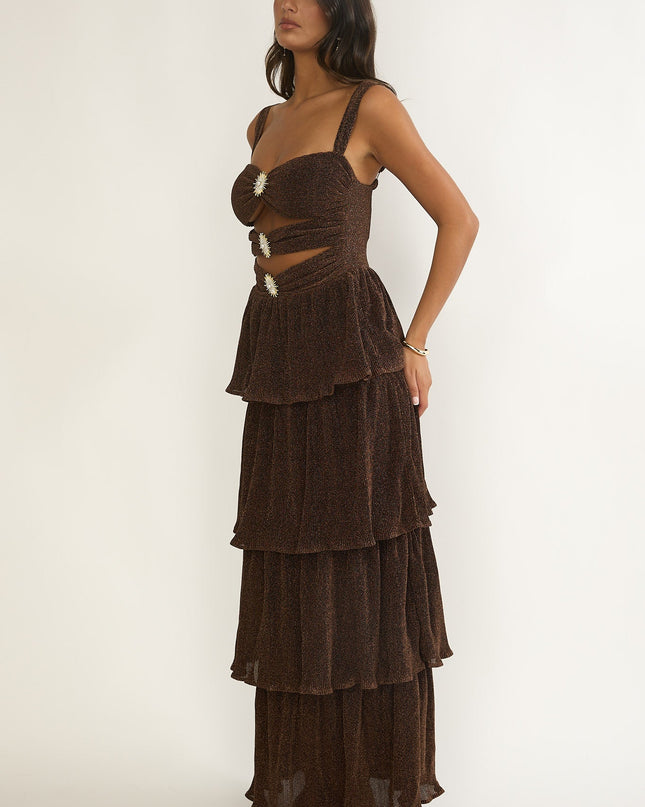 Bronze Cut-Out Bodice Layered Maxi Dress