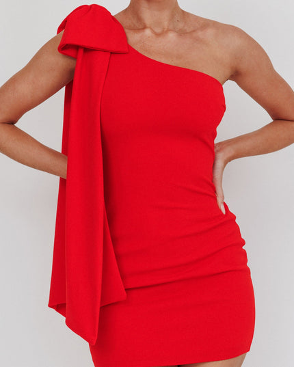 Red One Shoulder Bow Mini Dress