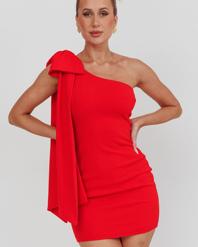 Red One Shoulder Bow Mini Dress