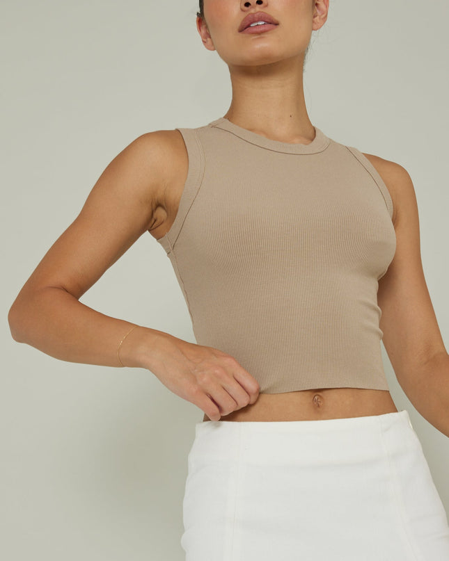 Tan Crew Neck Crop Top