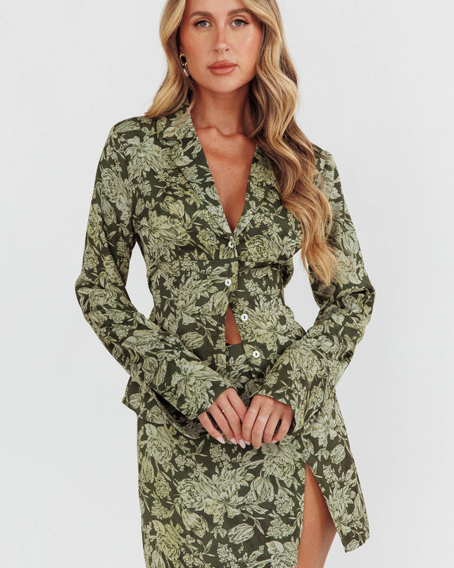Olive Collared Button-Up Satin Shirt Floral