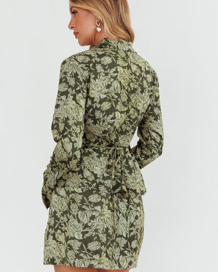 Olive Collared Button-Up Satin Shirt Floral