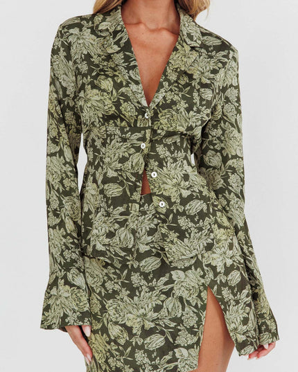 Olive Collared Button-Up Satin Shirt Floral