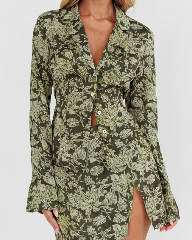Olive Collared Button-Up Satin Shirt Floral